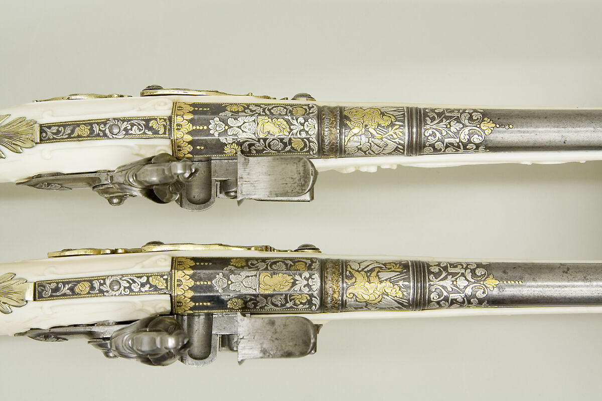 Pair of Flintlock Pistols, Leonardus Graeff (Aachen (now Germany), active ca. 1670–80), Steel, gold, silver, ivory, Southern Netherlandish, Aachen