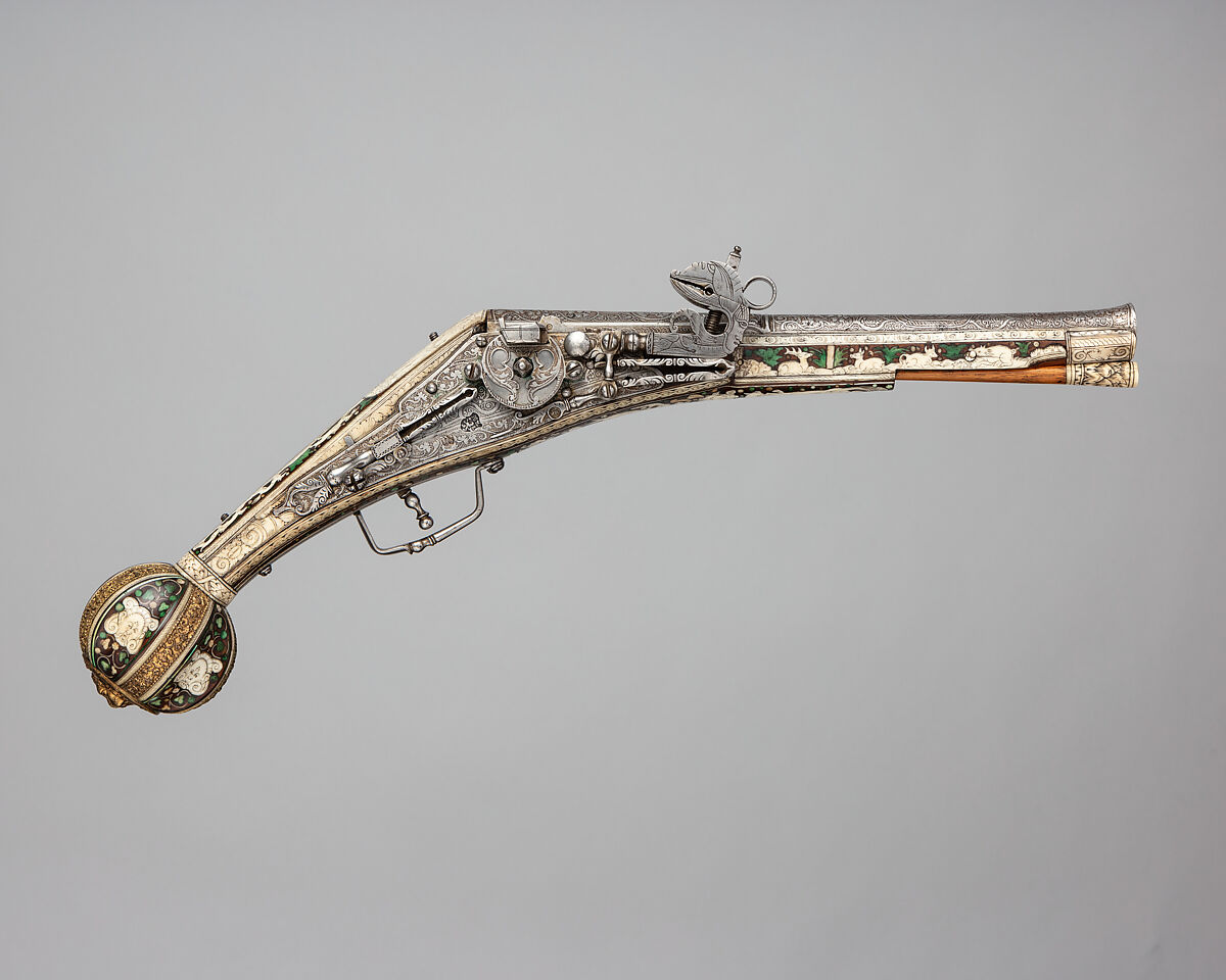 Wheellock Pistol, Peter Danner (German, Nuremberg, ca. 1580–1602), Steel, bronze, gold, wood (walnut), staghorn, German, Nuremberg 