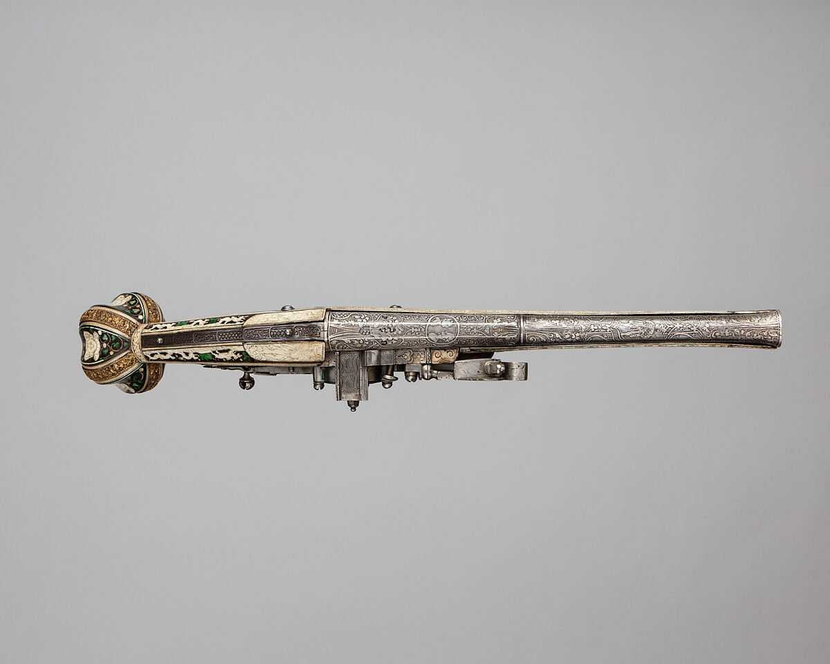 Wheellock Pistol, Peter Danner (German, Nuremberg, ca. 1580–1602), Steel, bronze, gold, wood (walnut), staghorn, German, Nuremberg