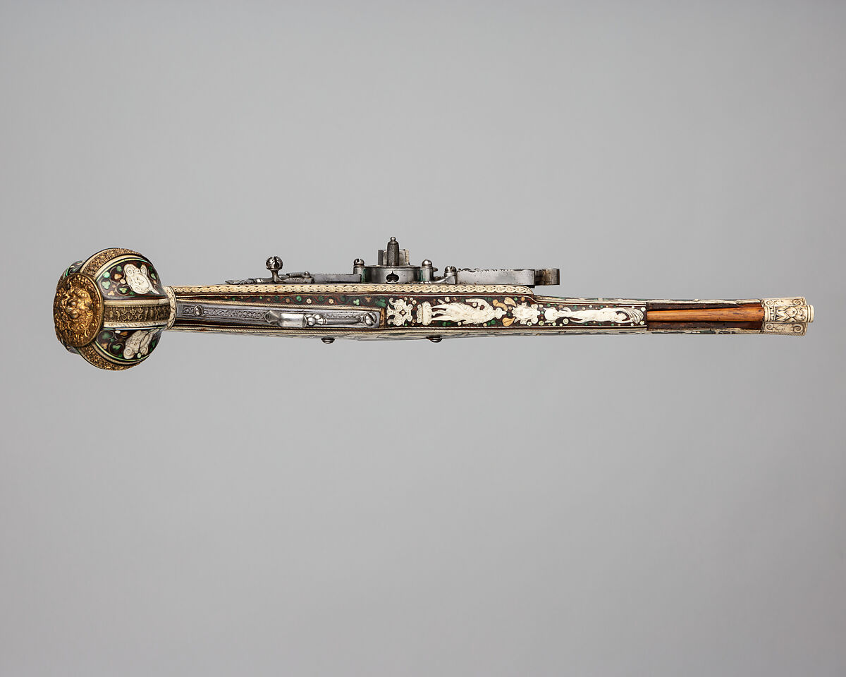 Wheellock Pistol, Peter Danner (German, Nuremberg, ca. 1580–1602), Steel, bronze, gold, wood (walnut), staghorn, German, Nuremberg