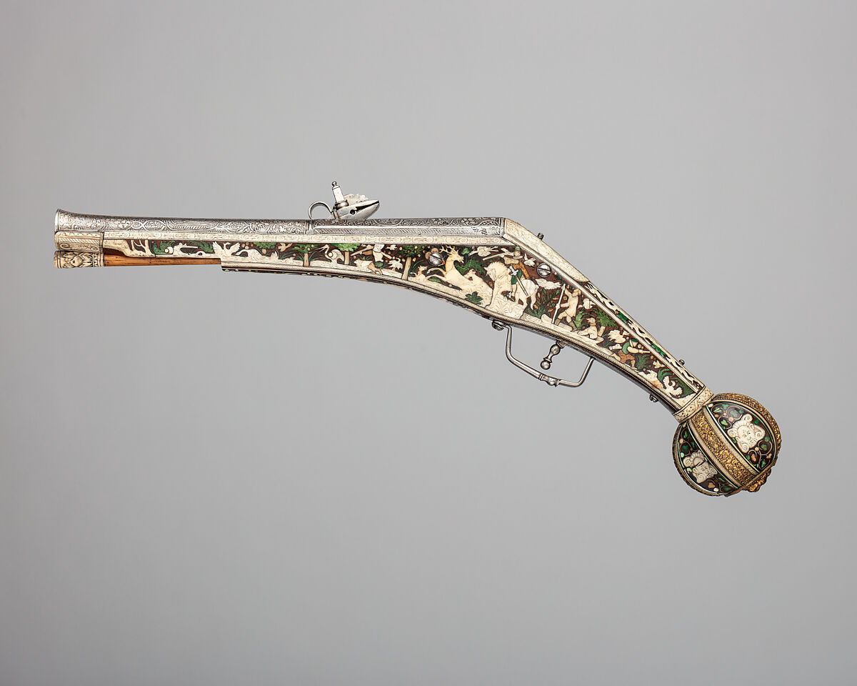Wheellock Pistol, Peter Danner (German, Nuremberg, ca. 1580–1602), Steel, bronze, gold, wood (walnut), staghorn, German, Nuremberg