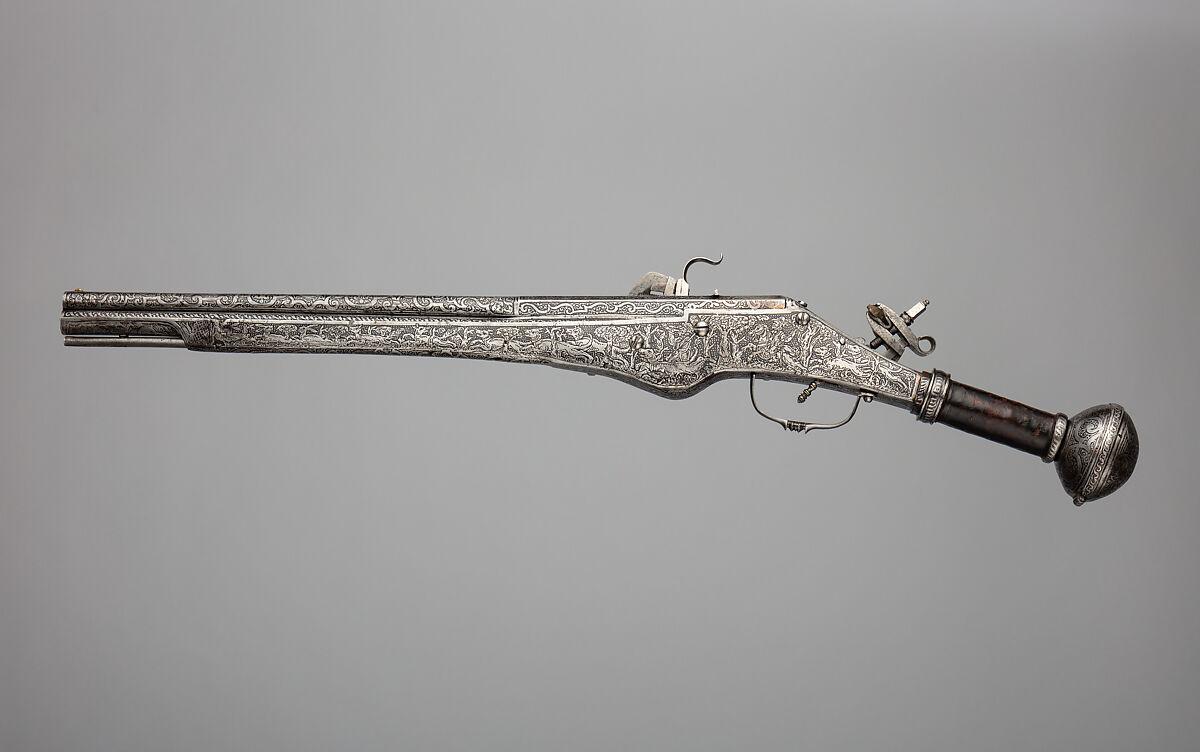 Double-Barreled, Double-Wheellock Pistol, Steel, copper, gold, leather, German, Augsburg