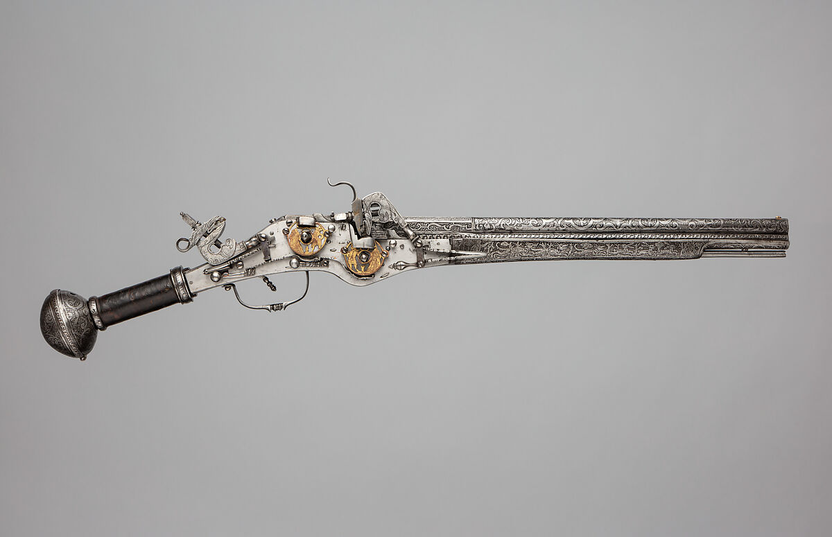 Double-Barreled, Double-Wheellock Pistol, Steel, copper, gold, leather, German, Augsburg 