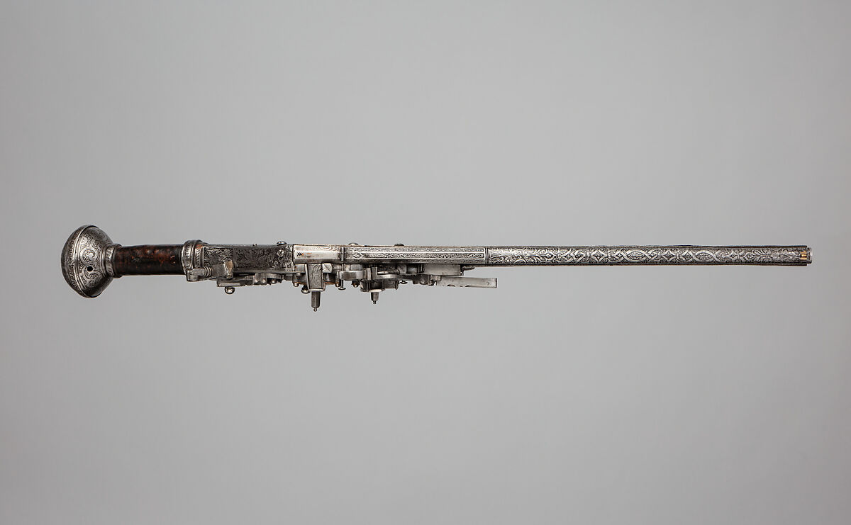 Double-Barreled, Double-Wheellock Pistol, Steel, copper, gold, leather, German, Augsburg