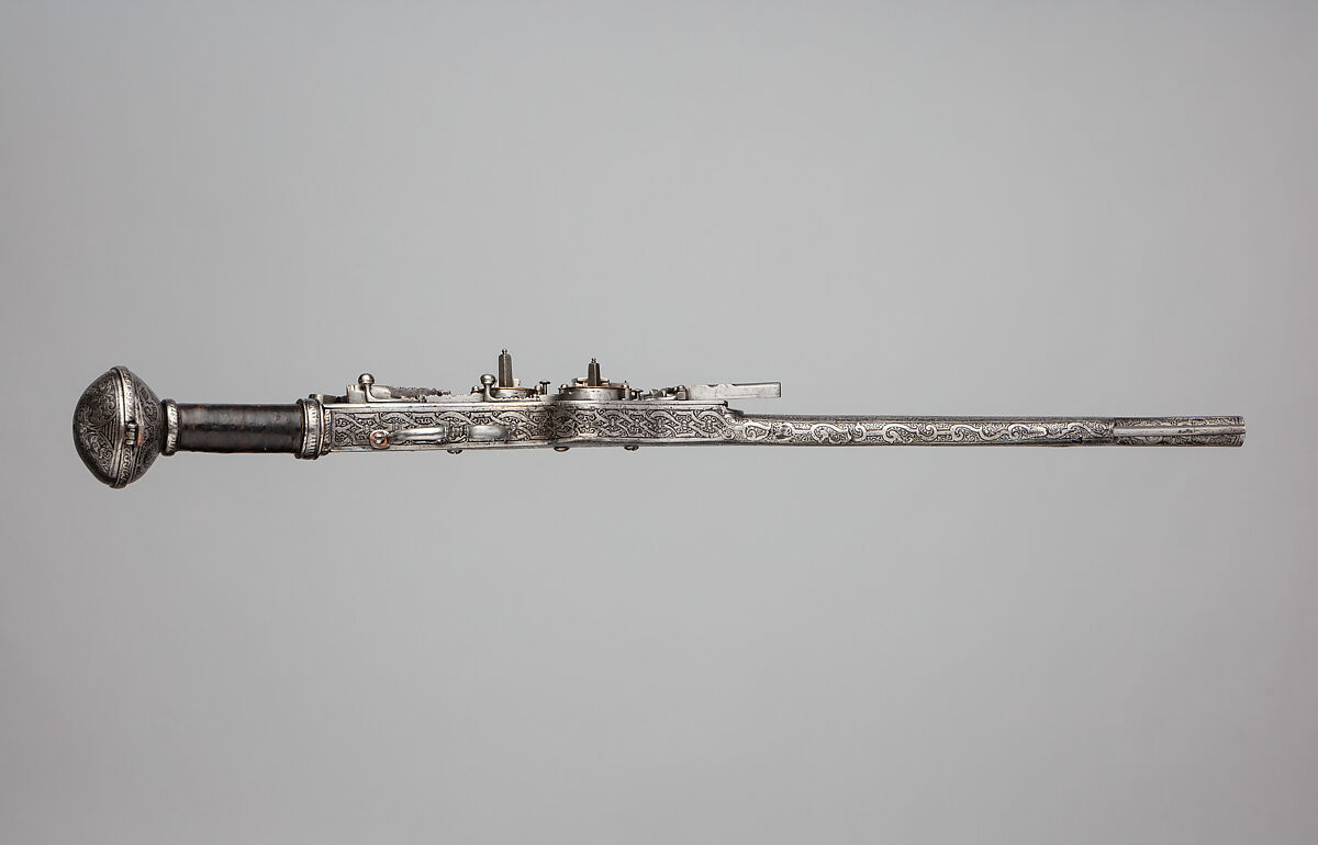 Double-Barreled, Double-Wheellock Pistol, Steel, copper, gold, leather, German, Augsburg