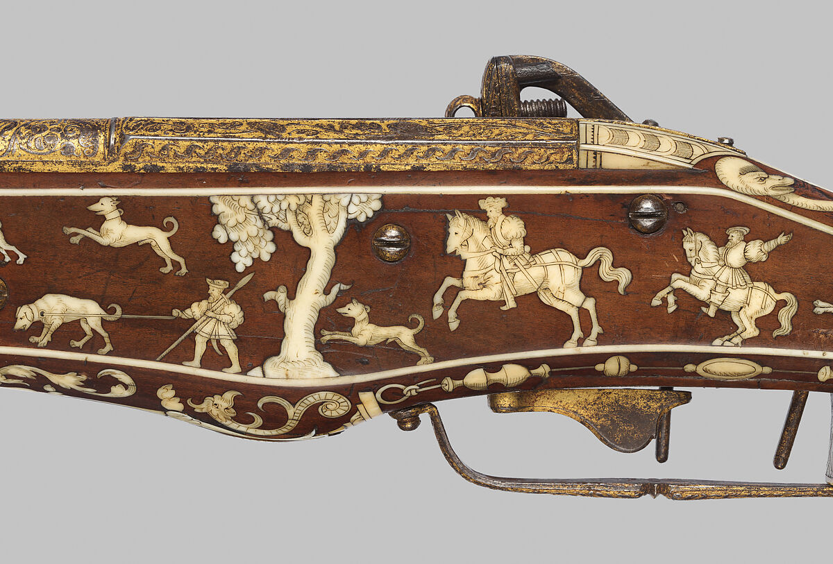 Double-Barreled Wheellock Pistol Made for Emperor Charles V (reigned 1519–56), Peter Peck (German, Munich, 1503–1596), Steel, gold, wood (cherry), staghorn, German, Munich