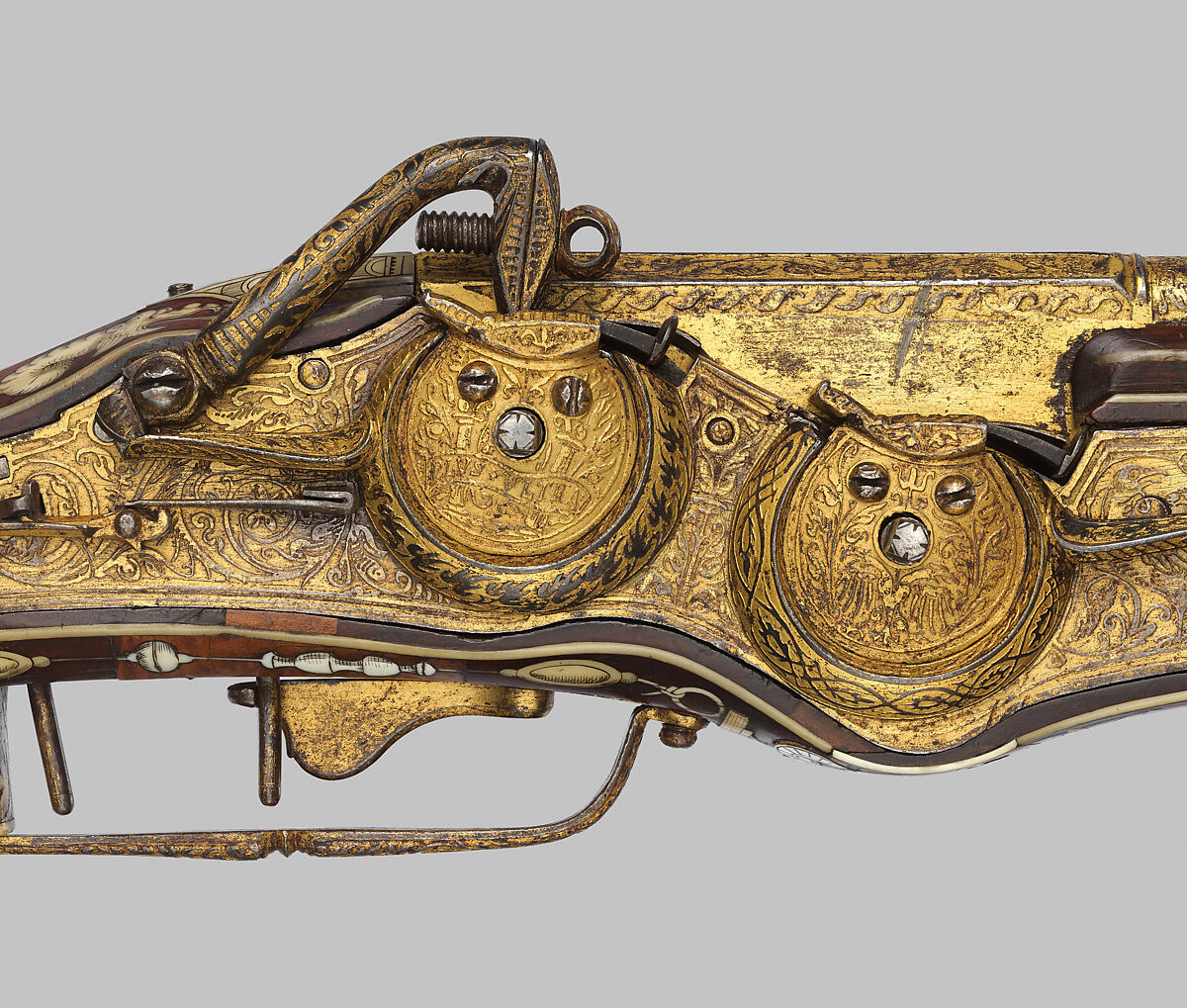 Double-Barreled Wheellock Pistol Made for Emperor Charles V (reigned 1519–56), Peter Peck (German, Munich, 1503–1596), Steel, gold, wood (cherry), staghorn, German, Munich