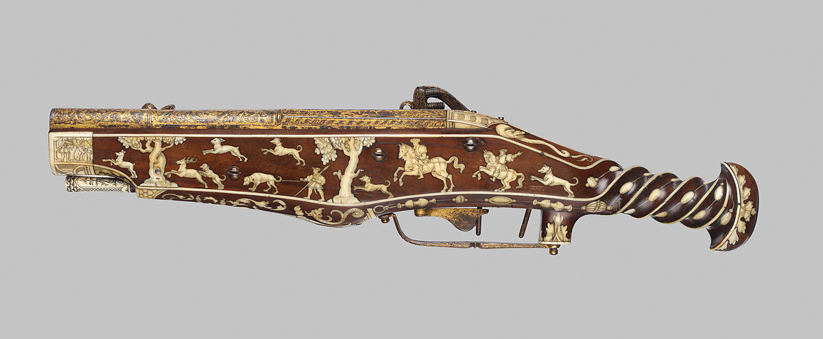 Double-Barreled Wheellock Pistol Made for Emperor Charles V (reigned 1519–56), Peter Peck (German, Munich, 1503–1596), Steel, gold, wood (cherry), staghorn, German, Munich
