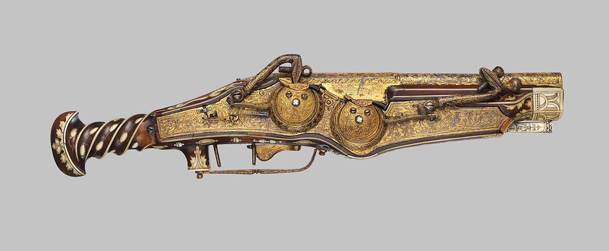 Double-Barreled Wheellock Pistol Made for Emperor Charles V (reigned 1519–56), Peter Peck  German, Steel, gold, wood (cherry), staghorn, German, Munich