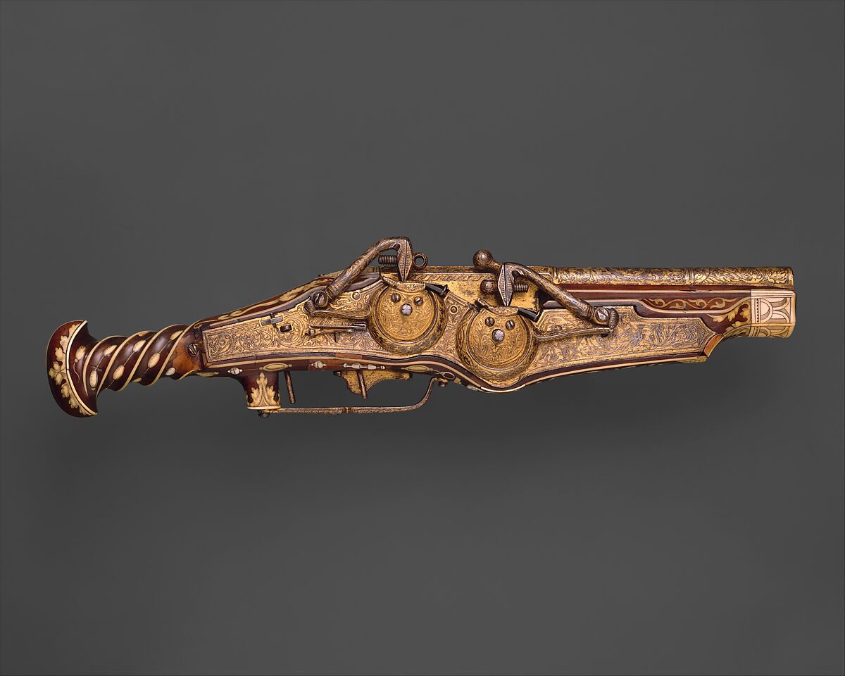 Double-Barreled Wheellock Pistol Made for Emperor Charles V (reigned 1519–56), Peter Peck (German, Munich, 1503–1596), Steel, gold, wood (cherry), staghorn, German, Munich 