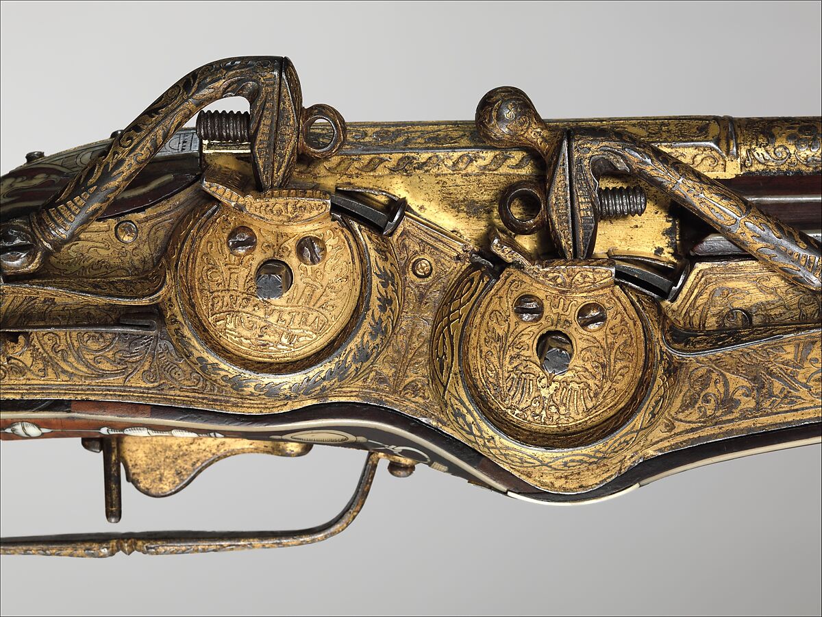 Double-Barreled Wheellock Pistol Made for Emperor Charles V (reigned 1519–56), Peter Peck (German, Munich, 1503–1596), Steel, gold, wood (cherry), staghorn, German, Munich
