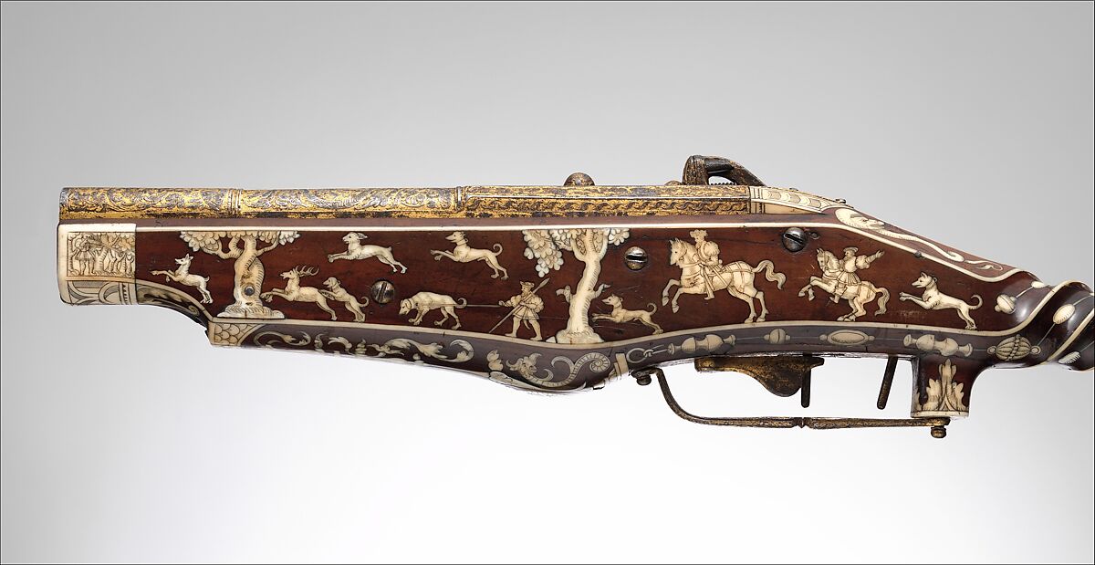 Double-Barreled Wheellock Pistol Made for Emperor Charles V (reigned 1519–56), Peter Peck (German, Munich, 1503–1596), Steel, gold, wood (cherry), staghorn, German, Munich