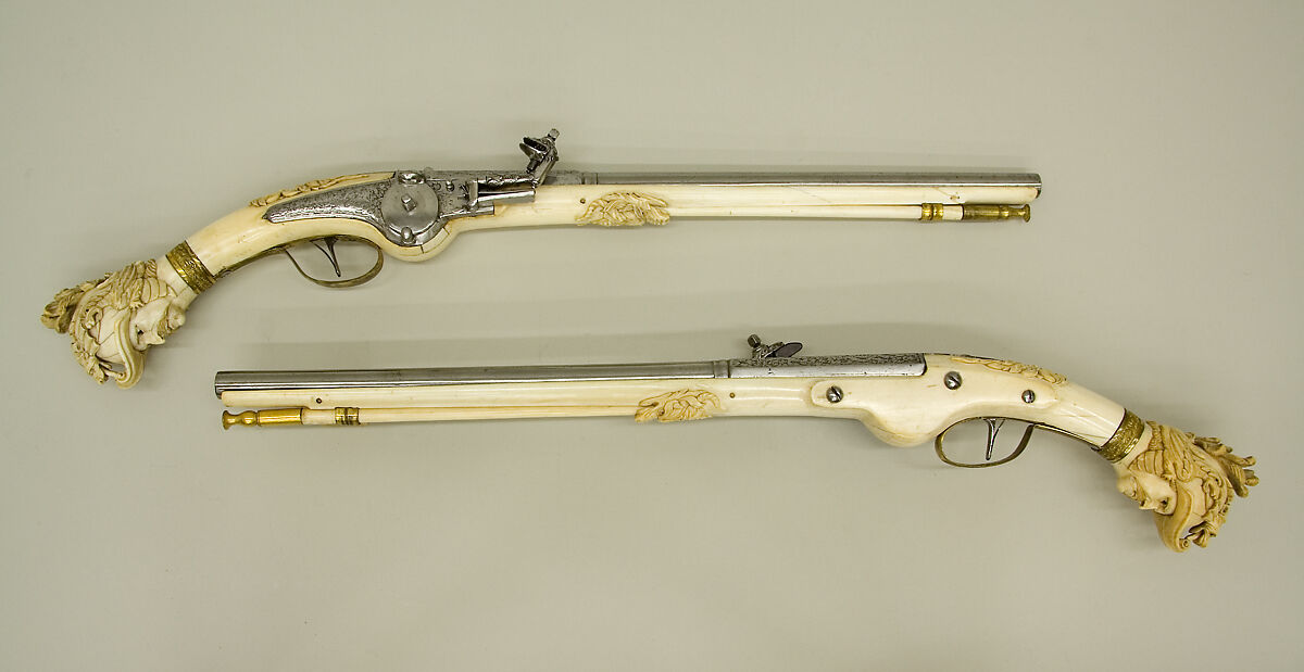 Pair of Wheellock Pistols, Steel, brass, gold, ivory, Dutch, Maastricht 