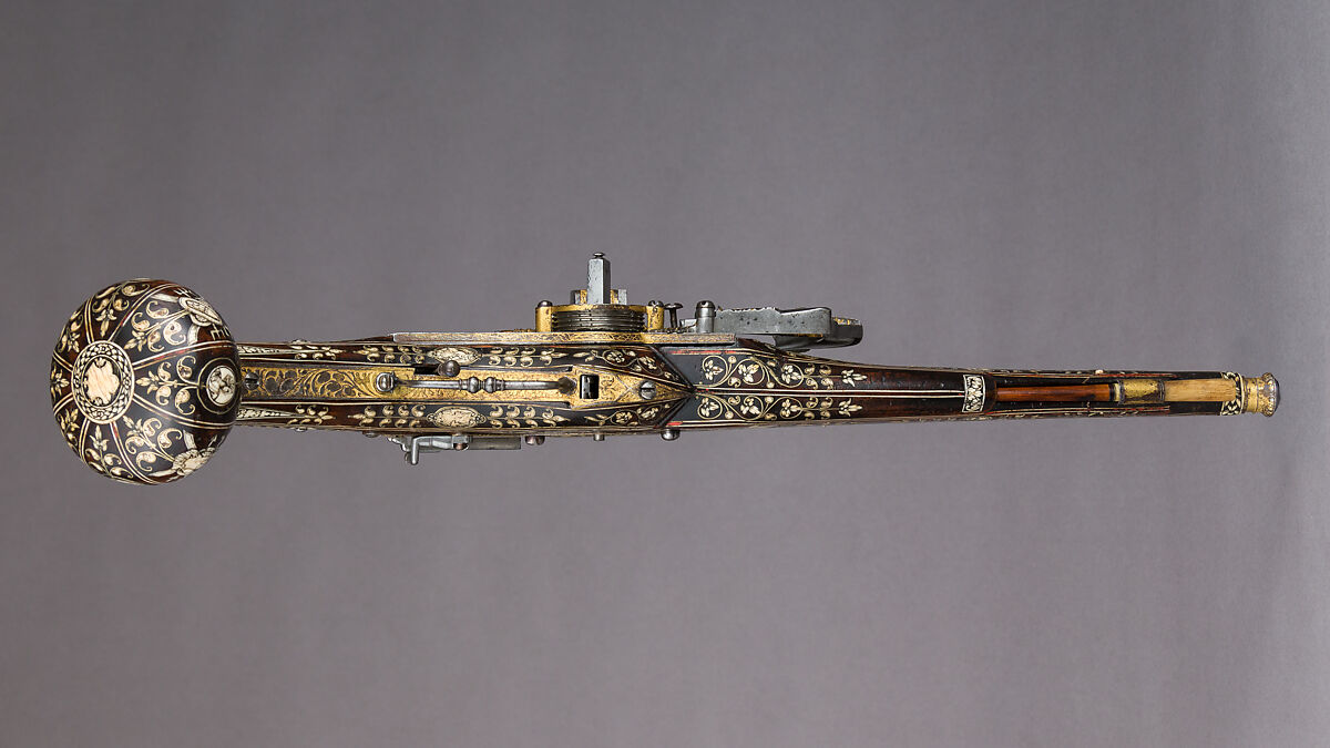 Pair of Wheellock Pistols, Decoration on the stocks copied in part from engravings by Etienne Delaune (French, Orléans 1518/19–1583 Strasbourg), Steel, gold, silver, brass, wood (walnut), staghorn, pigment, French
