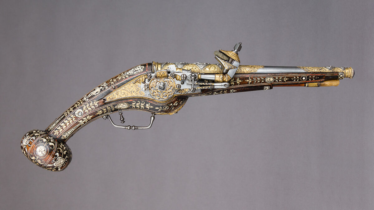 Pair of Wheellock Pistols, Decoration on the stocks copied in part from engravings by Etienne Delaune (French, Orléans 1518/19–1583 Strasbourg), Steel, gold, silver, brass, wood (walnut), staghorn, pigment, French 