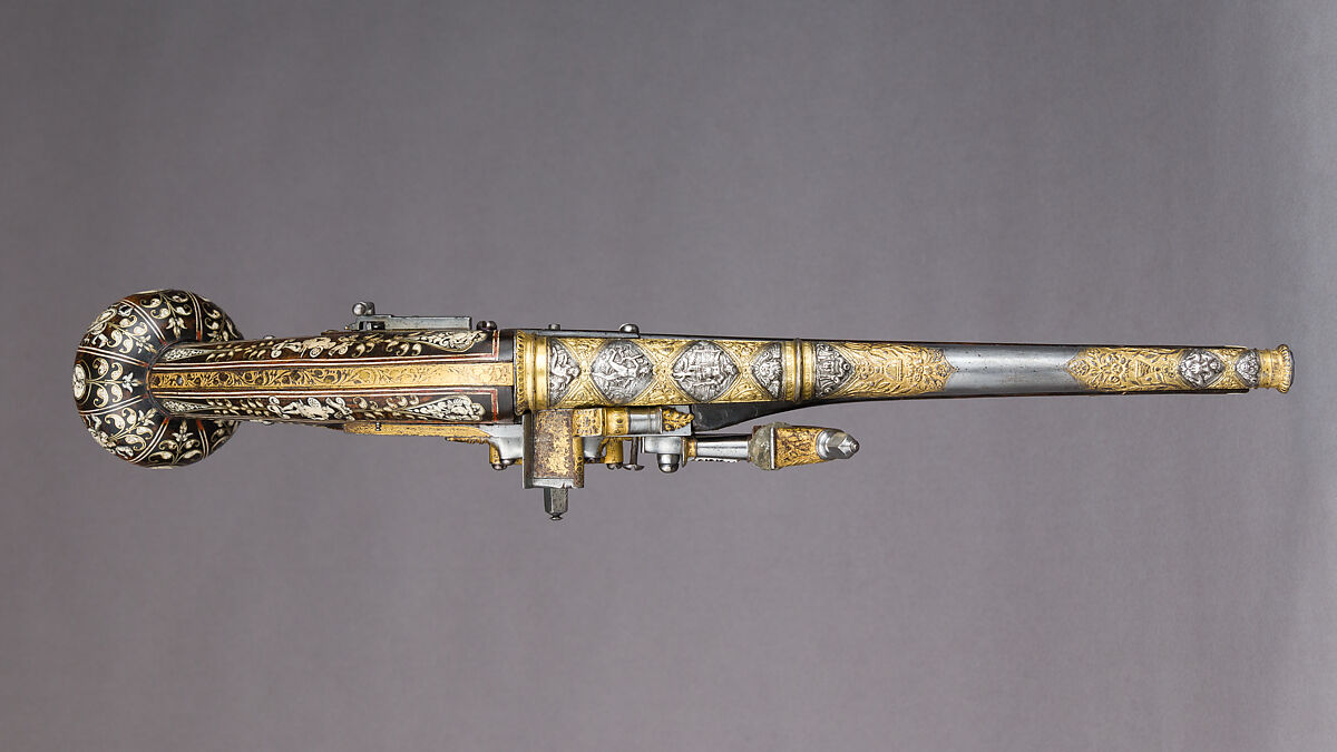 Pair of Wheellock Pistols, Decoration on the stocks copied in part from engravings by Etienne Delaune (French, Orléans 1518/19–1583 Strasbourg), Steel, gold, silver, brass, wood (walnut), staghorn, pigment, French
