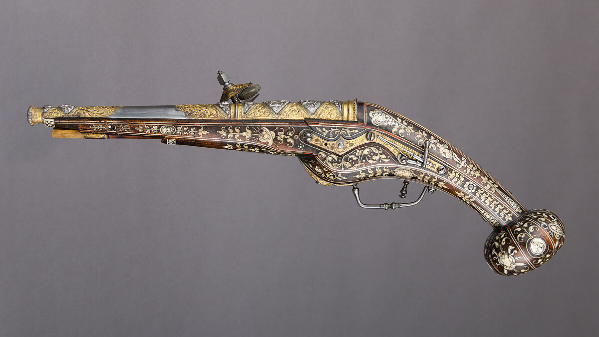 Pair of Wheellock Pistols, Decoration on the stocks copied in part from engravings by Etienne Delaune (French, Orléans 1518/19–1583 Strasbourg), Steel, gold, silver, brass, wood (walnut), staghorn, pigment, French