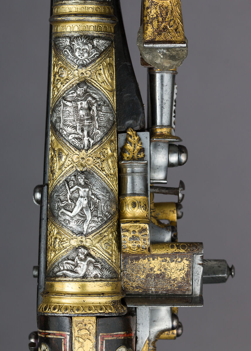 Pair of Wheellock Pistols, Decoration on the stocks copied in part from engravings by Etienne Delaune (French, Orléans 1518/19–1583 Strasbourg), Steel, gold, silver, brass, wood (walnut), staghorn, pigment, French