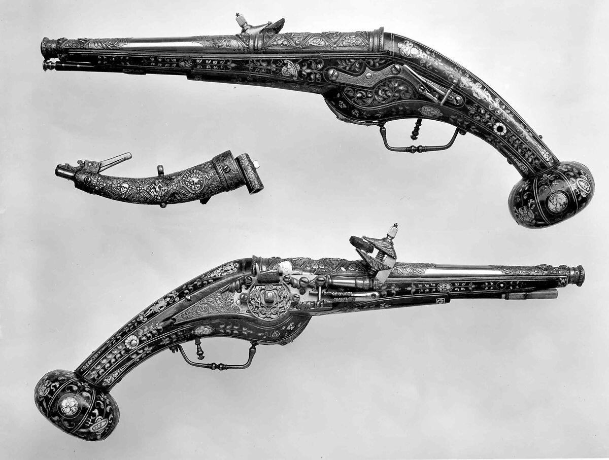Pair of Wheellock Pistols, Decoration on the stocks copied in part from engravings by Etienne Delaune (French, Orléans 1518/19–1583 Strasbourg), Steel, gold, silver, brass, wood (walnut), staghorn, pigment, French