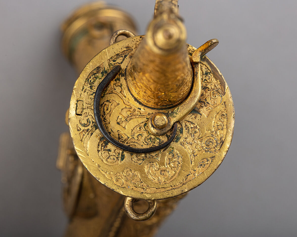 Powder Flask with Bullet Box, Clock, Compass, and Sundial, Brass, gold, steel, glass, German, Augsburg or Nuremberg