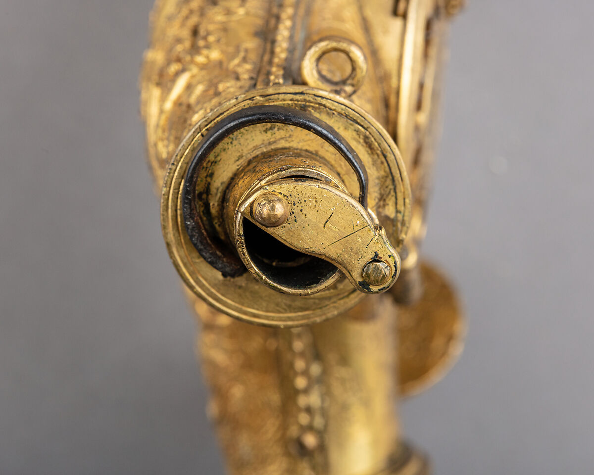 Powder Flask with Bullet Box, Clock, Compass, and Sundial, Brass, gold, steel, glass, German, Augsburg or Nuremberg