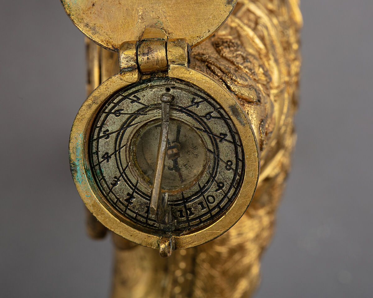 Powder Flask with Bullet Box, Clock, Compass, and Sundial, Brass, gold, steel, glass, German, Augsburg or Nuremberg