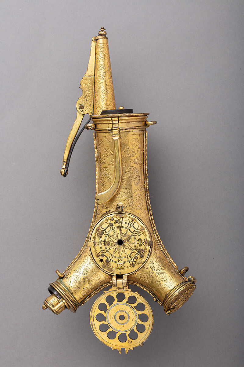 Powder Flask with Bullet Box, Clock, Compass, and Sundial, Brass, gold, steel, glass, German, Augsburg or Nuremberg