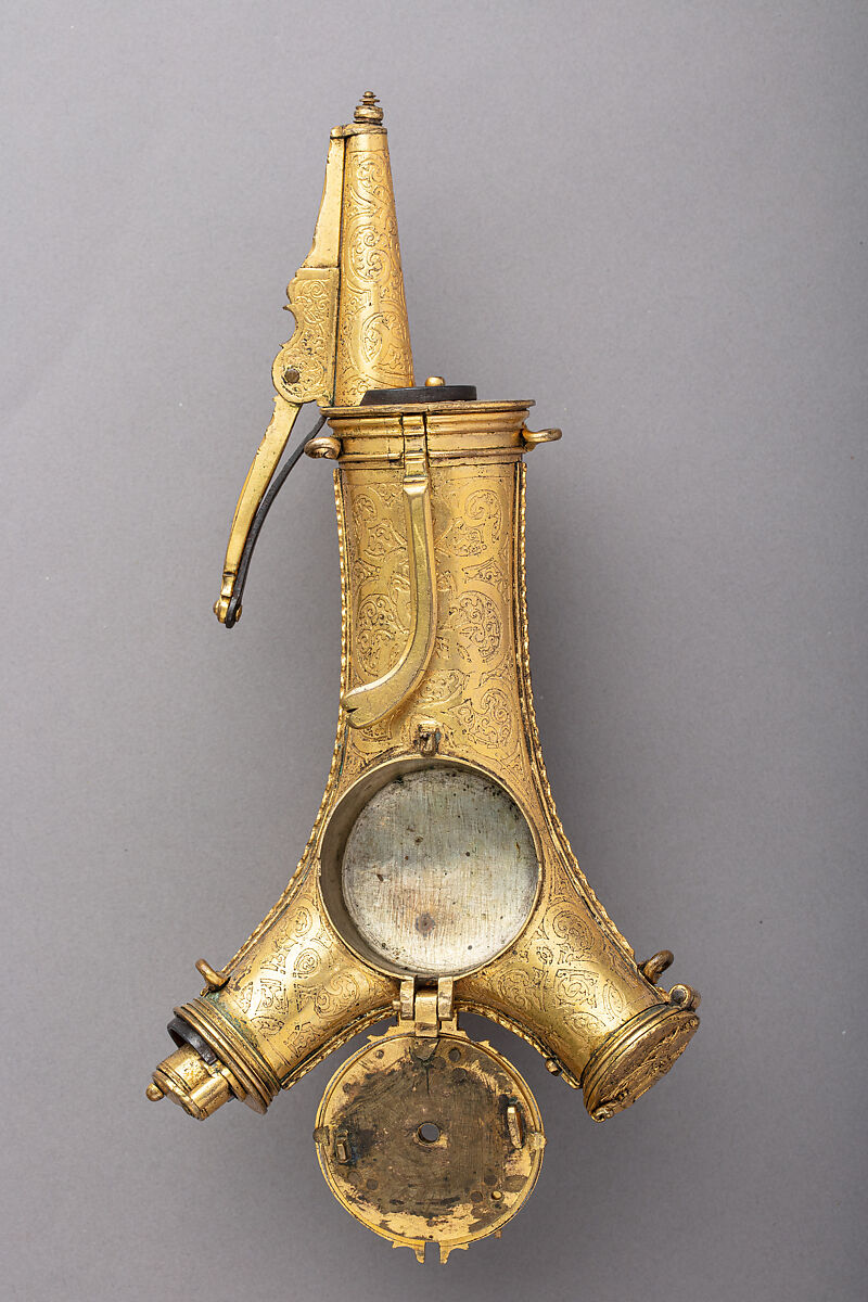 Powder Flask with Bullet Box, Clock, Compass, and Sundial, Brass, gold, steel, glass, German, Augsburg or Nuremberg