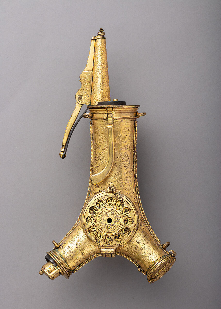 Powder Flask with Bullet Box, Clock, Compass, and Sundial, Brass, gold, steel, glass, German, Augsburg or Nuremberg