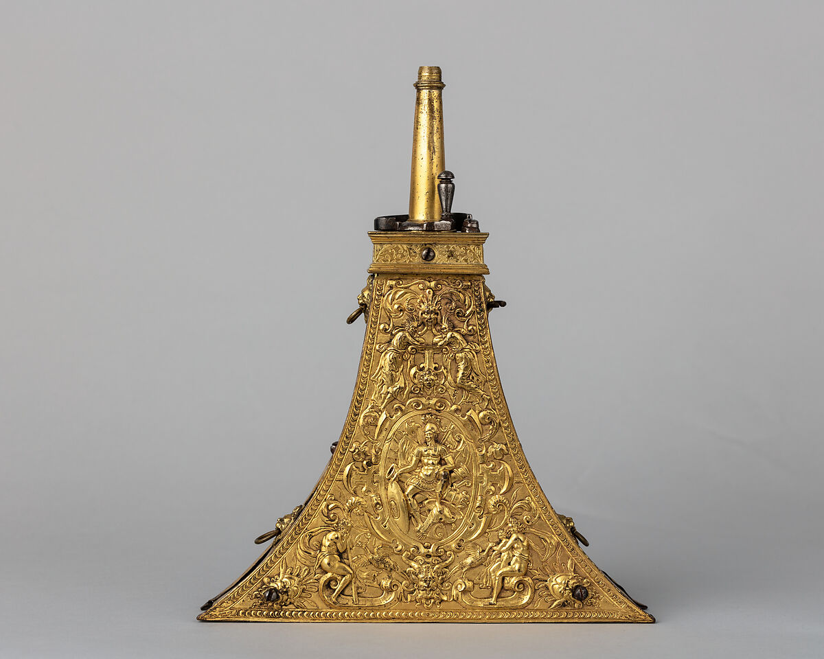 Powder Flask, Bronze, gold, wood, steel, French or Flemish 