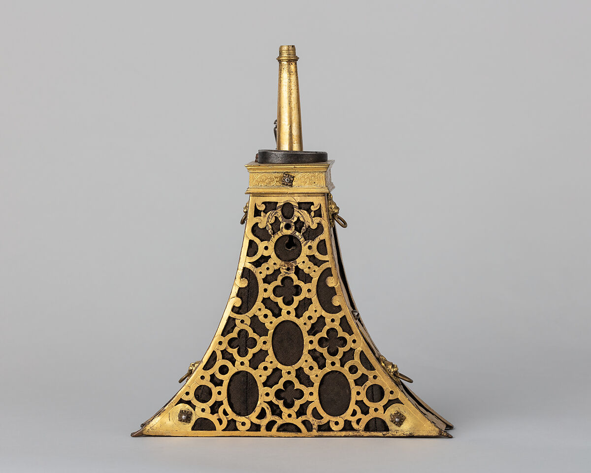 Powder Flask, Bronze, gold, wood, steel, French or Flemish