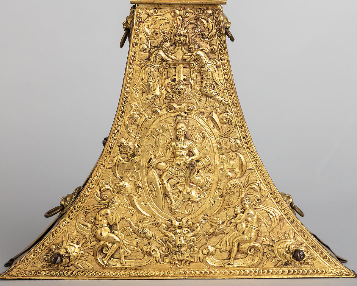 Powder Flask, Bronze, gold, wood, steel, French or Flemish