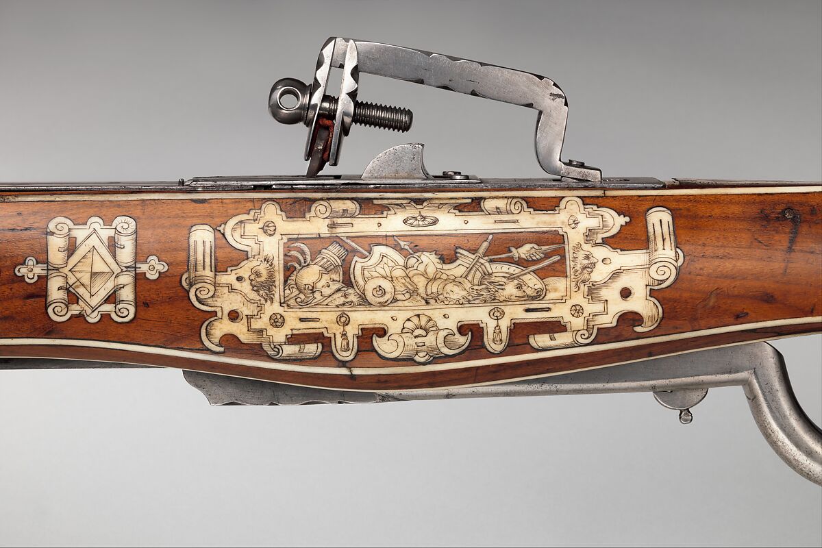 Pellet and Bolt Crossbow Combined with a Wheel-Lock Gun, Decoration based on designs by Jacob Floris (Central European, 1524–1581)  , published in Antwerp in 1564., Steel, wood (cherry), staghorn, hemp, felt, Central European; possibly Southern German or Austrian
