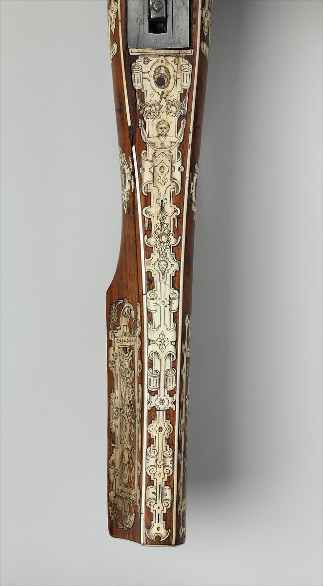 Pellet and Bolt Crossbow Combined with a Wheel-Lock Gun, Decoration based on designs by Jacob Floris (Central European, 1524–1581)  , published in Antwerp in 1564., Steel, wood (cherry), staghorn, hemp, felt, Central European; possibly Southern German or Austrian