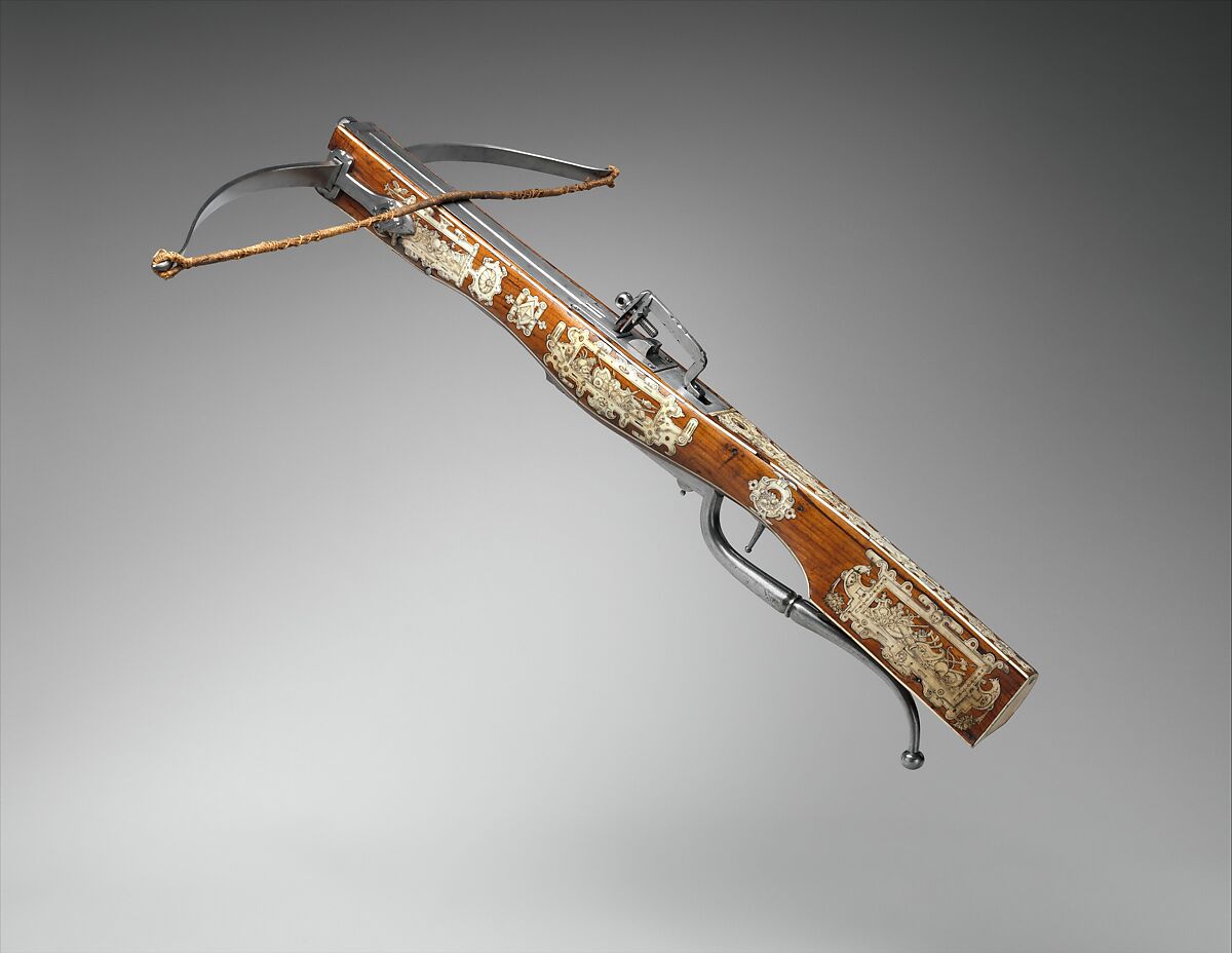 Pellet and Bolt Crossbow Combined with a Wheel-Lock Gun, Decoration based on designs by Jacob Floris (Central European, 1524–1581)  , published in Antwerp in 1564., Steel, wood (cherry), staghorn, hemp, felt, Central European; possibly Southern German or Austrian 