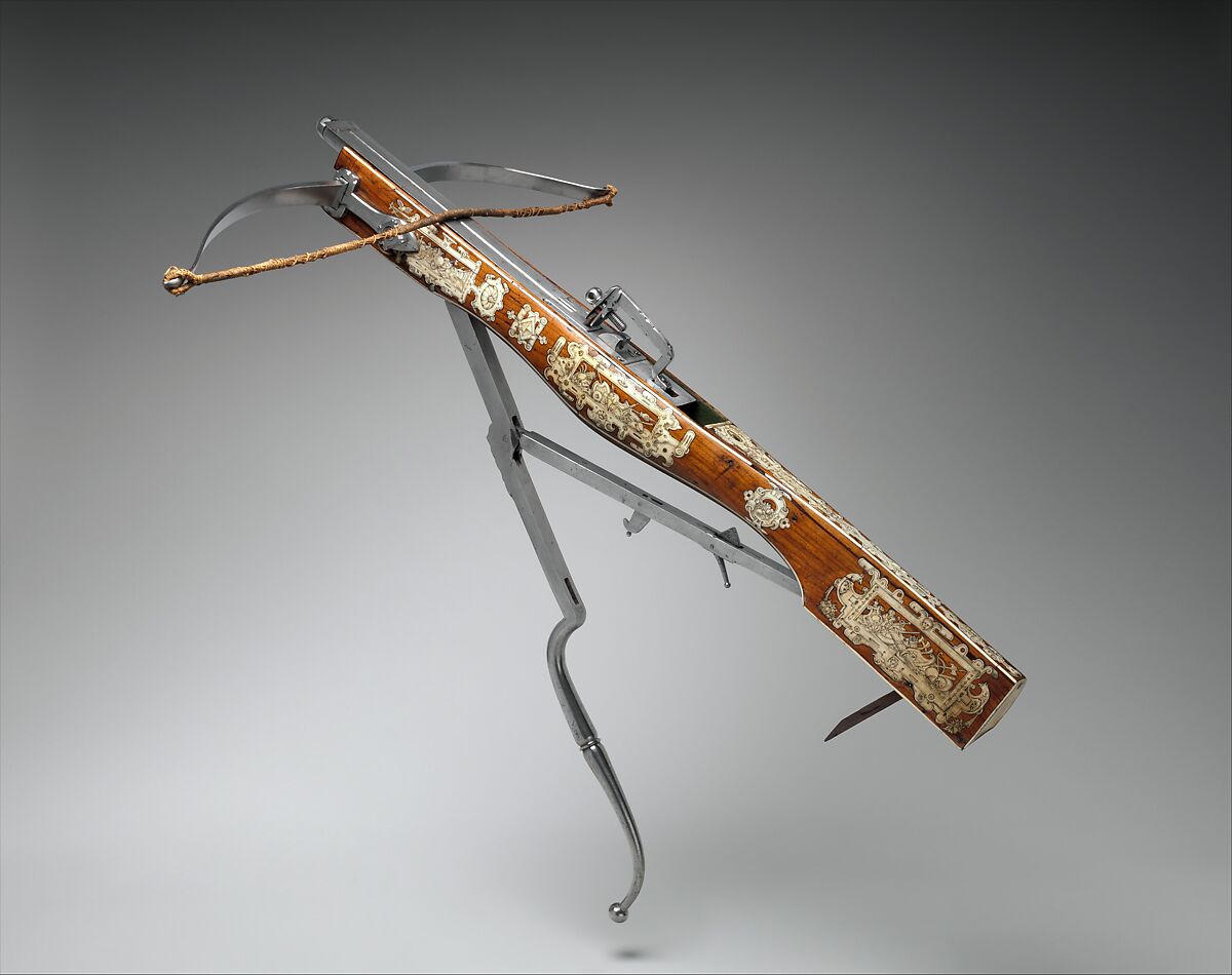 Pellet and Bolt Crossbow Combined with a Wheel-Lock Gun, Decoration based on designs by Jacob Floris (Central European, 1524–1581)  , published in Antwerp in 1564., Steel, wood (cherry), staghorn, hemp, felt, Central European; possibly Southern German or Austrian