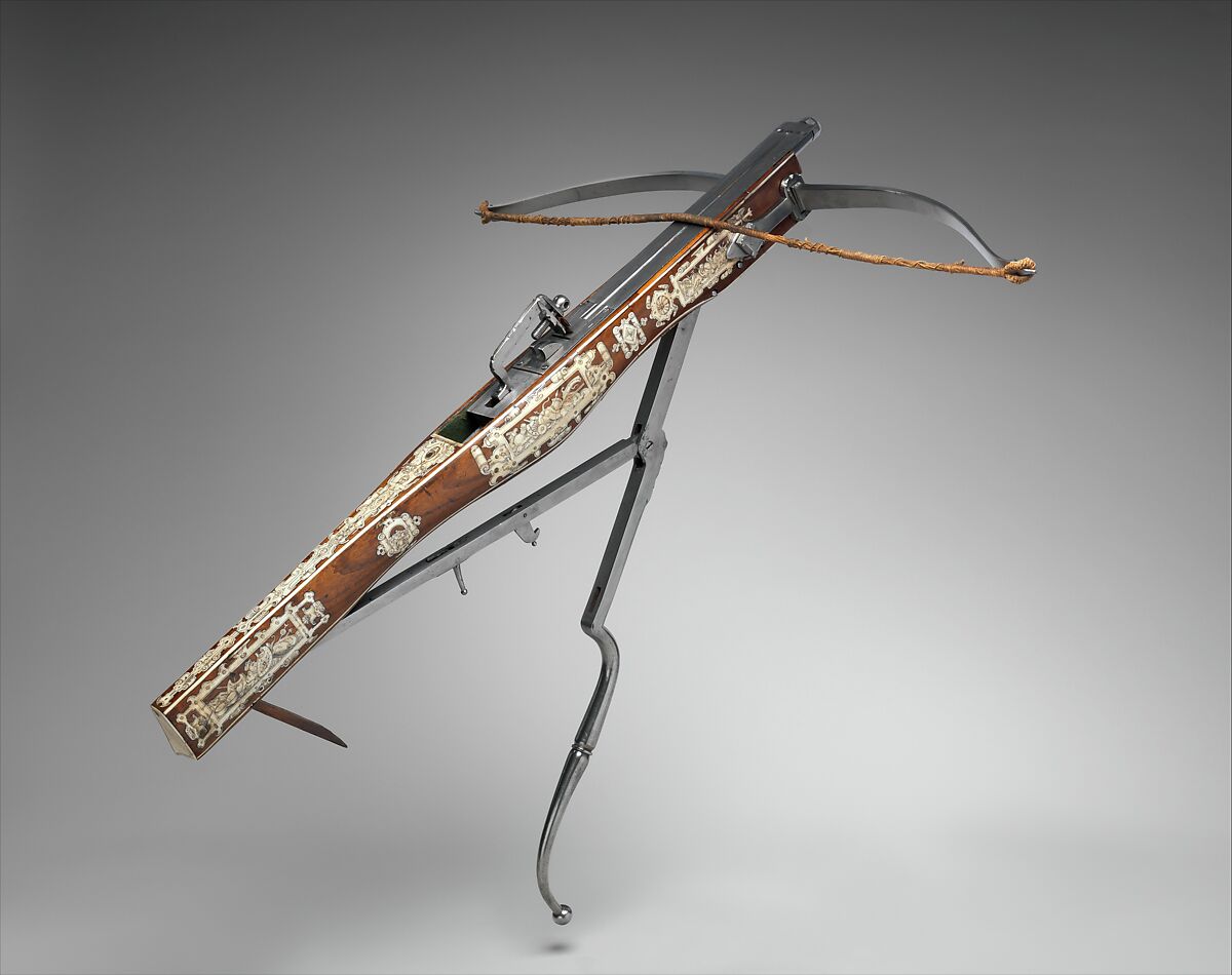 Pellet and Bolt Crossbow Combined with a Wheel-Lock Gun, Decoration based on designs by Jacob Floris (Central European, 1524–1581)  , published in Antwerp in 1564., Steel, wood (cherry), staghorn, hemp, felt, Central European; possibly Southern German or Austrian