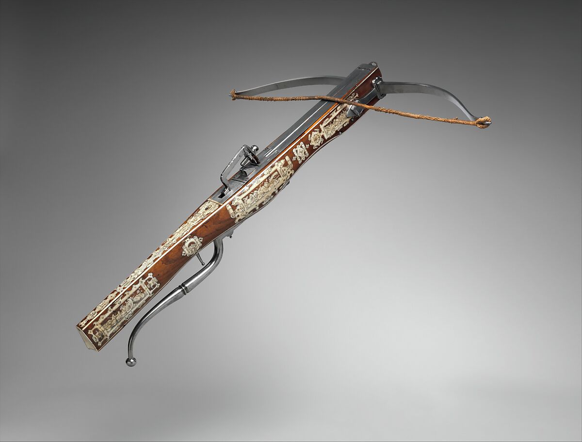 Pellet and Bolt Crossbow Combined with a Wheel-Lock Gun, Decoration based on designs by Jacob Floris (Central European, 1524–1581)  , published in Antwerp in 1564., Steel, wood (cherry), staghorn, hemp, felt, Central European; possibly Southern German or Austrian