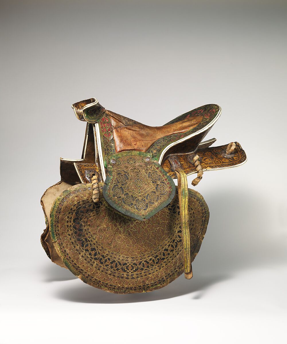 Saddle, Wood, bone (staghorn), bark, leather, textile, iron, pigment, Turkish 