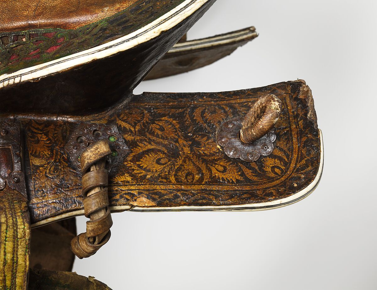 Saddle, Wood, bone (staghorn), bark, leather, textile, iron, pigment, Turkish