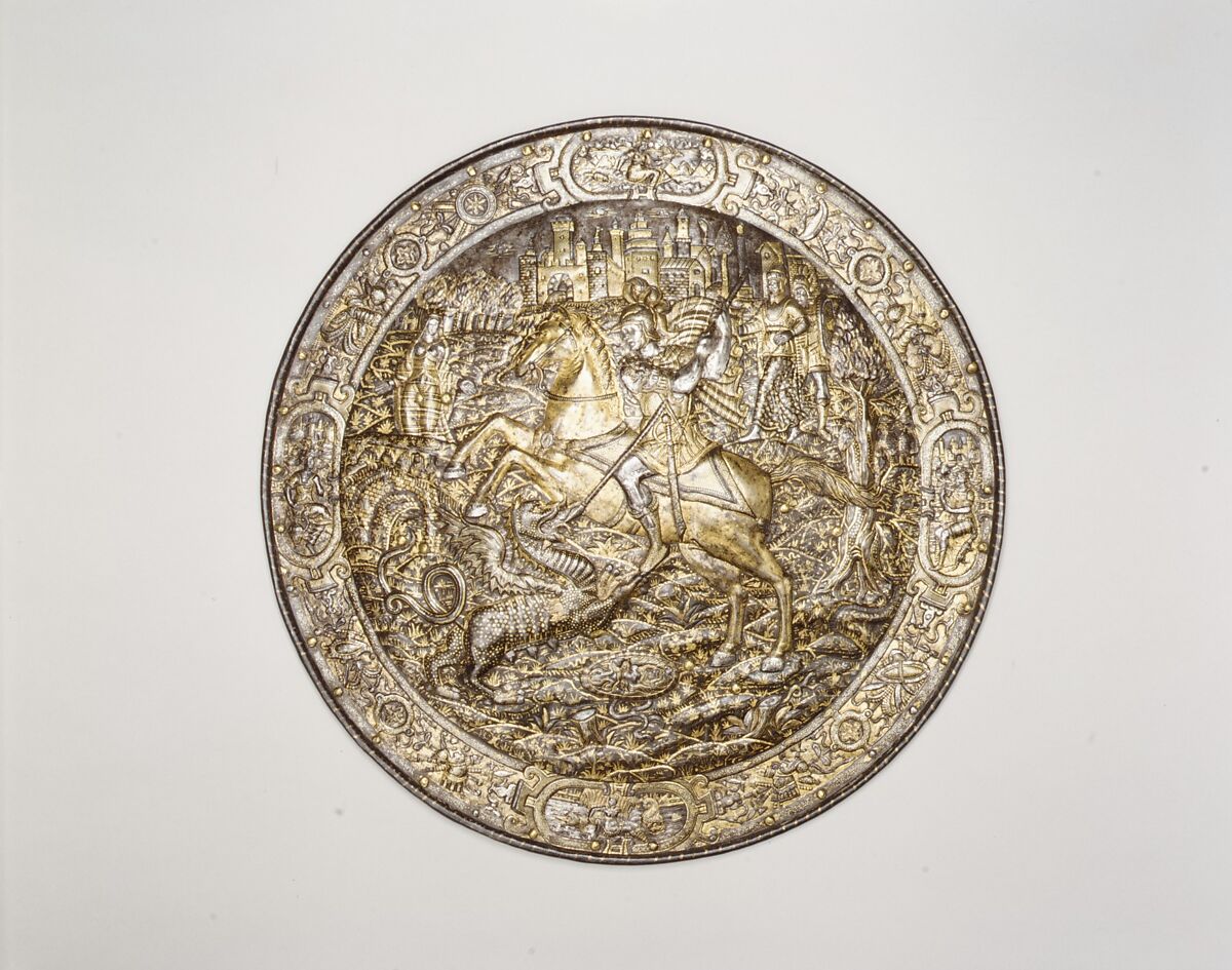 Shield Depicting Saint George Slaying the Dragon, Steel, gold, silver, Italian, Milan 