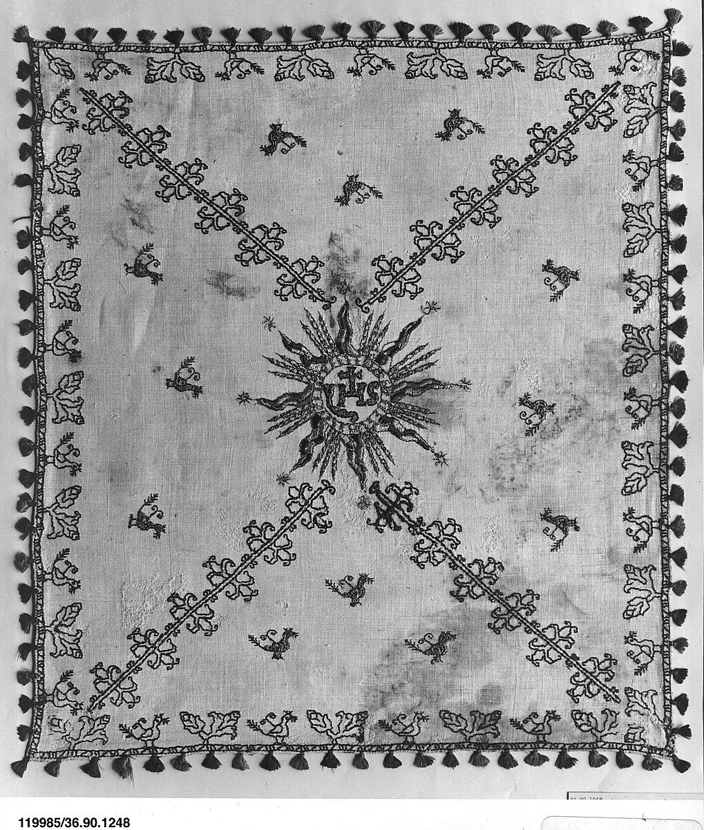 Christogram with a decorative border, Silk and metal-wrapped thread on linen, Italian 