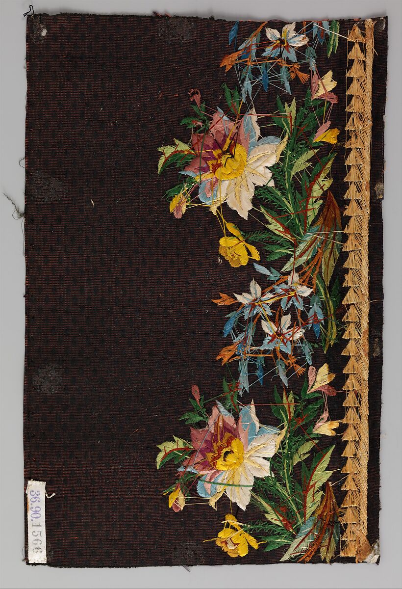 Embroidery sample for a man’s suit, Silk thread on silk velvet, French