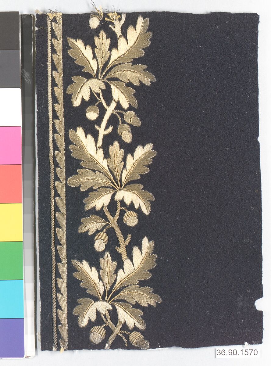 Embroidery sample for a man’s suit, Metal thread on wool, French