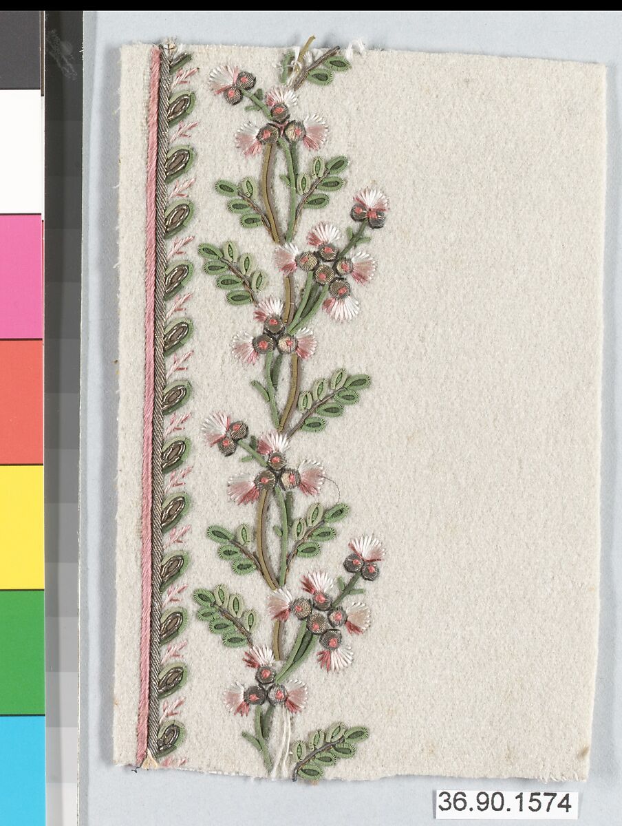 Embroidery sample for a man’s suit, Silk and metal thread on wool, French