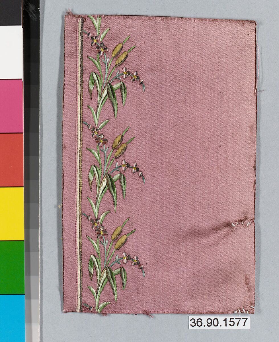 Embroidery sample for a man’s suit or waistcoat, Silk and metal thread on silk, French