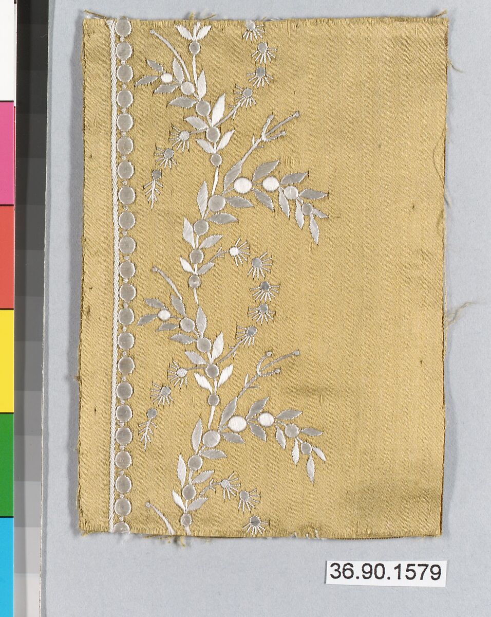 Embroidery sample for a man’s suit or waistcoat, Silk embroidery on silk, French