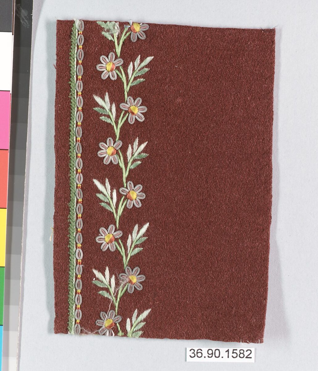 Embroidery sample for a man’s suit, Silk and metal thread on wool, French