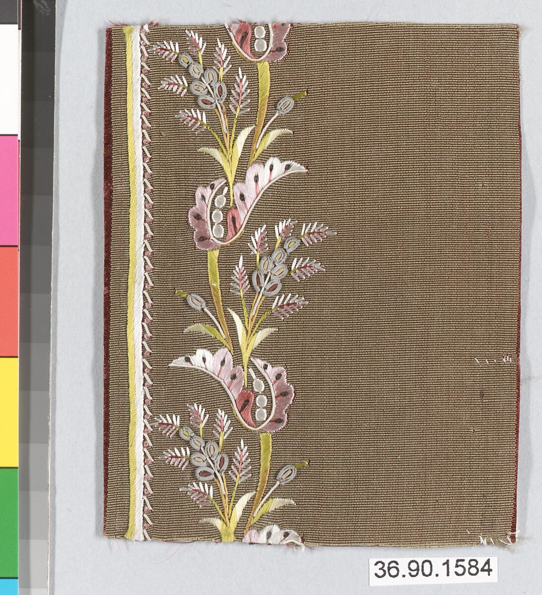 Embroidery sample for a man’s suit or waistcoat, Silk and metal thread on silk, French