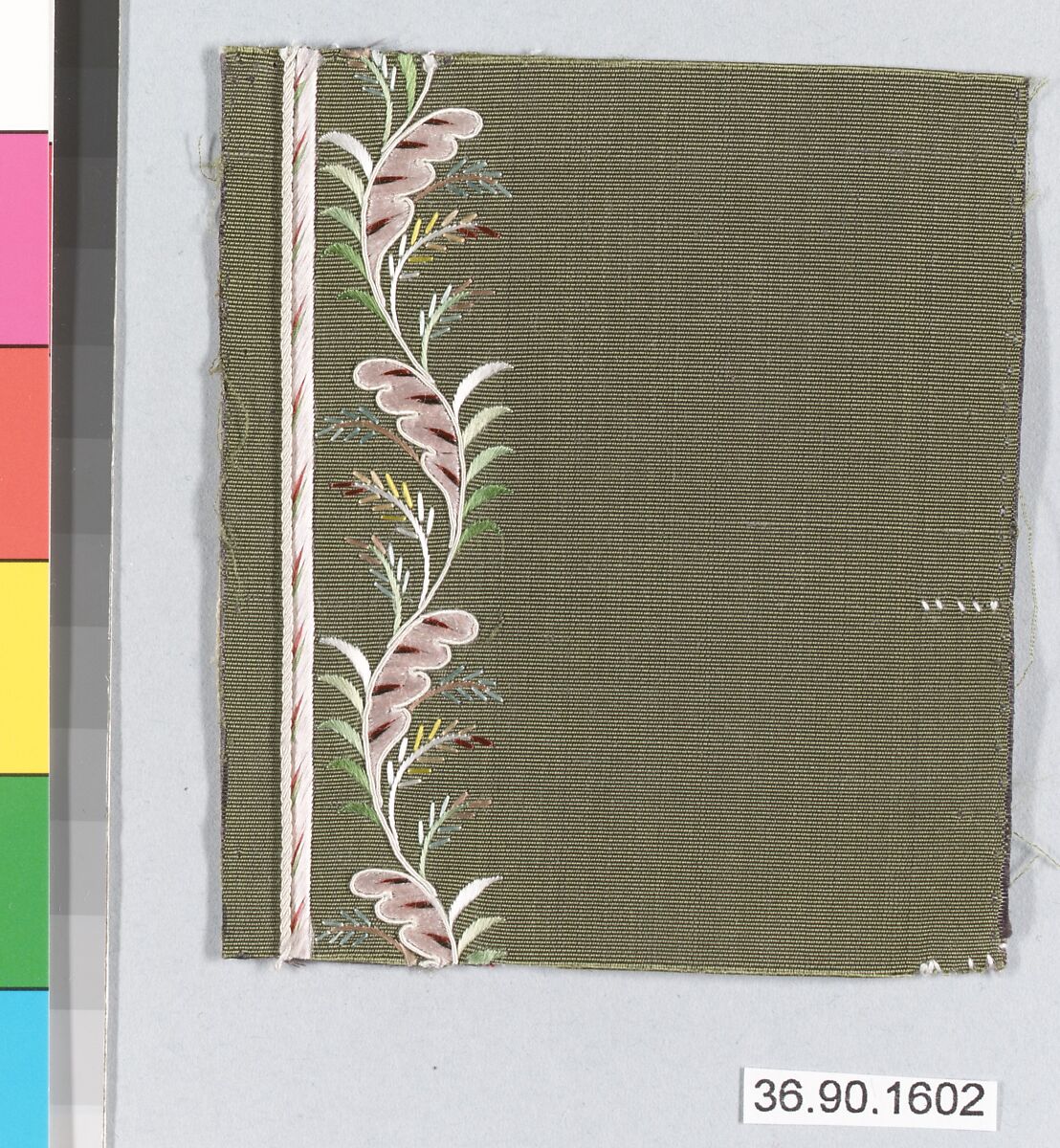 Embroidery sample for a man’s suit or waistcoat, Silk embroidery on silk, French